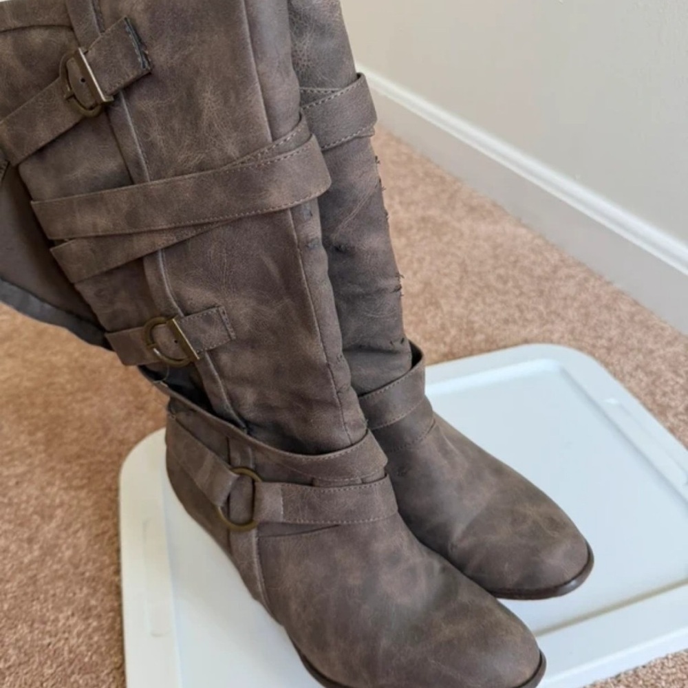 JustFab Taupe Strapped Over-the-Knee Heeled Boots
